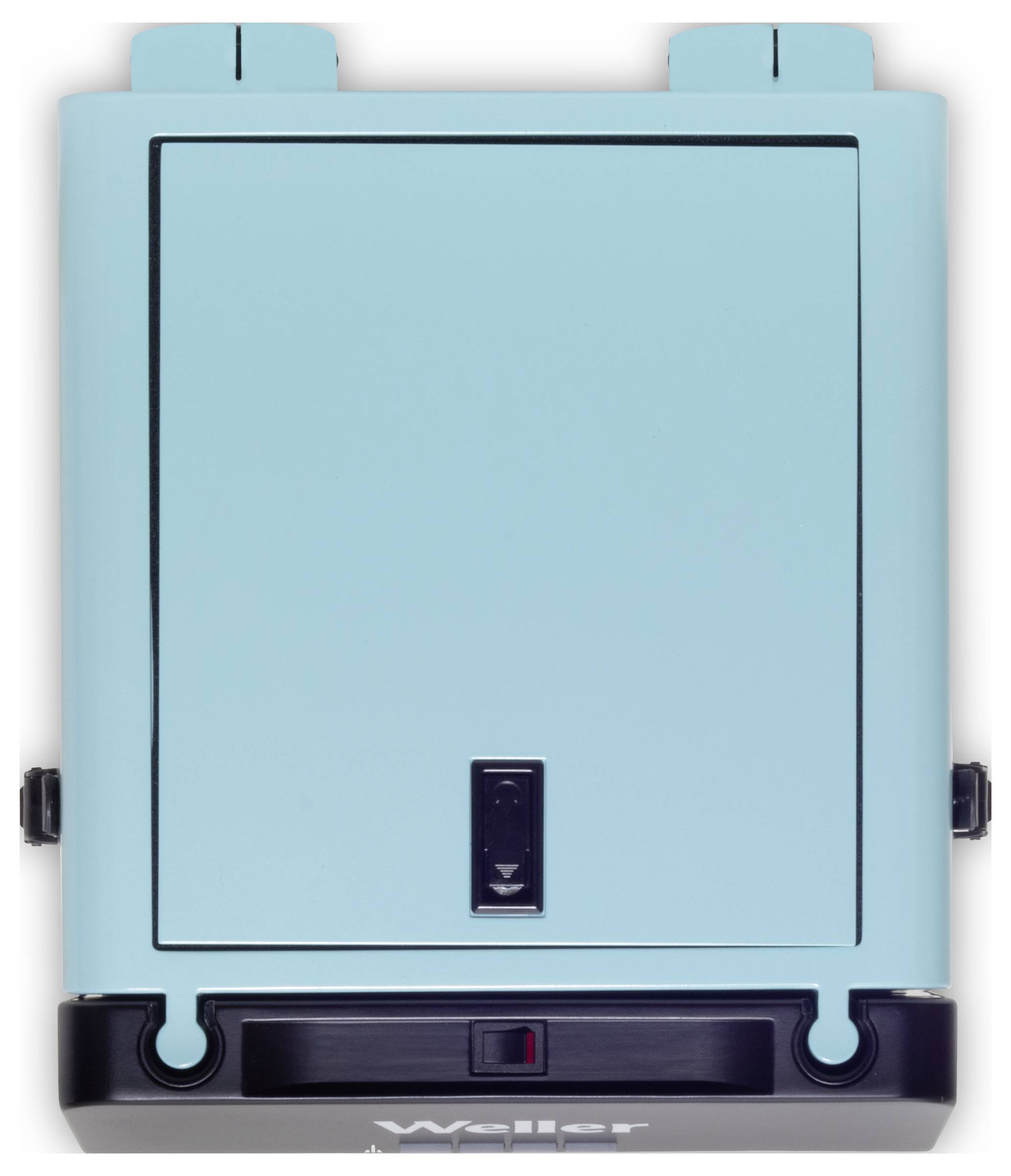 Turquoise electric tool cleaner with a black base, including an on/off switch. The brand name 'Weller' is visible.