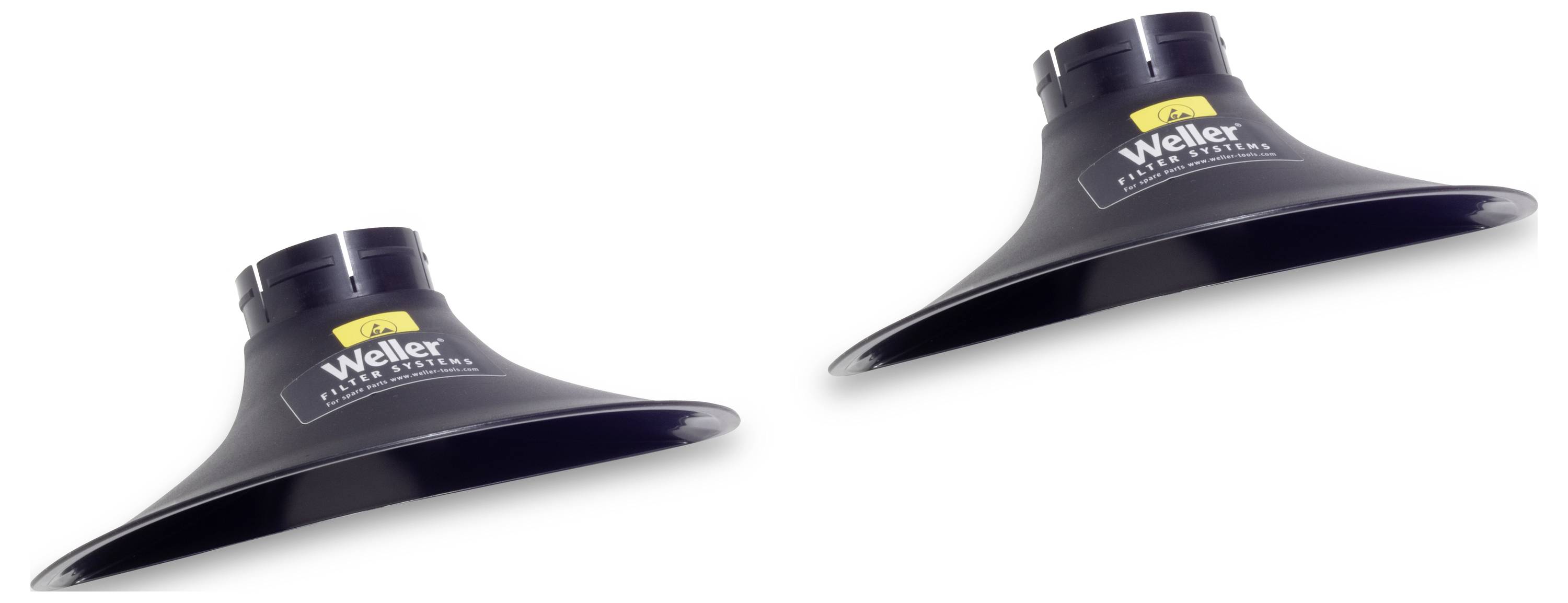 Two black extraction bells from Weller, positioned side by side. They are part of a smoke extraction system for soldering.