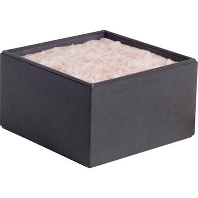 A square, black box filled with pink insulation material reminiscent of candyfloss.