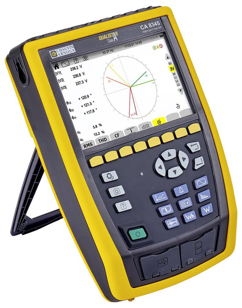 A portable measuring device for analysing electrical networks, displaying a screen with a phase diagram and various measurement readings.