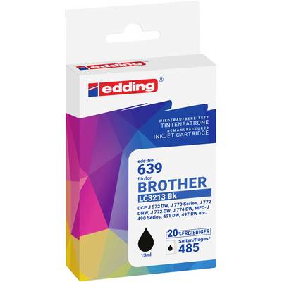 Packaging for an edding remanufactured inkjet cartridge, edd-no 639, for Brother LC3213 BK printers, with 13 ml and 20% lower energy use text.