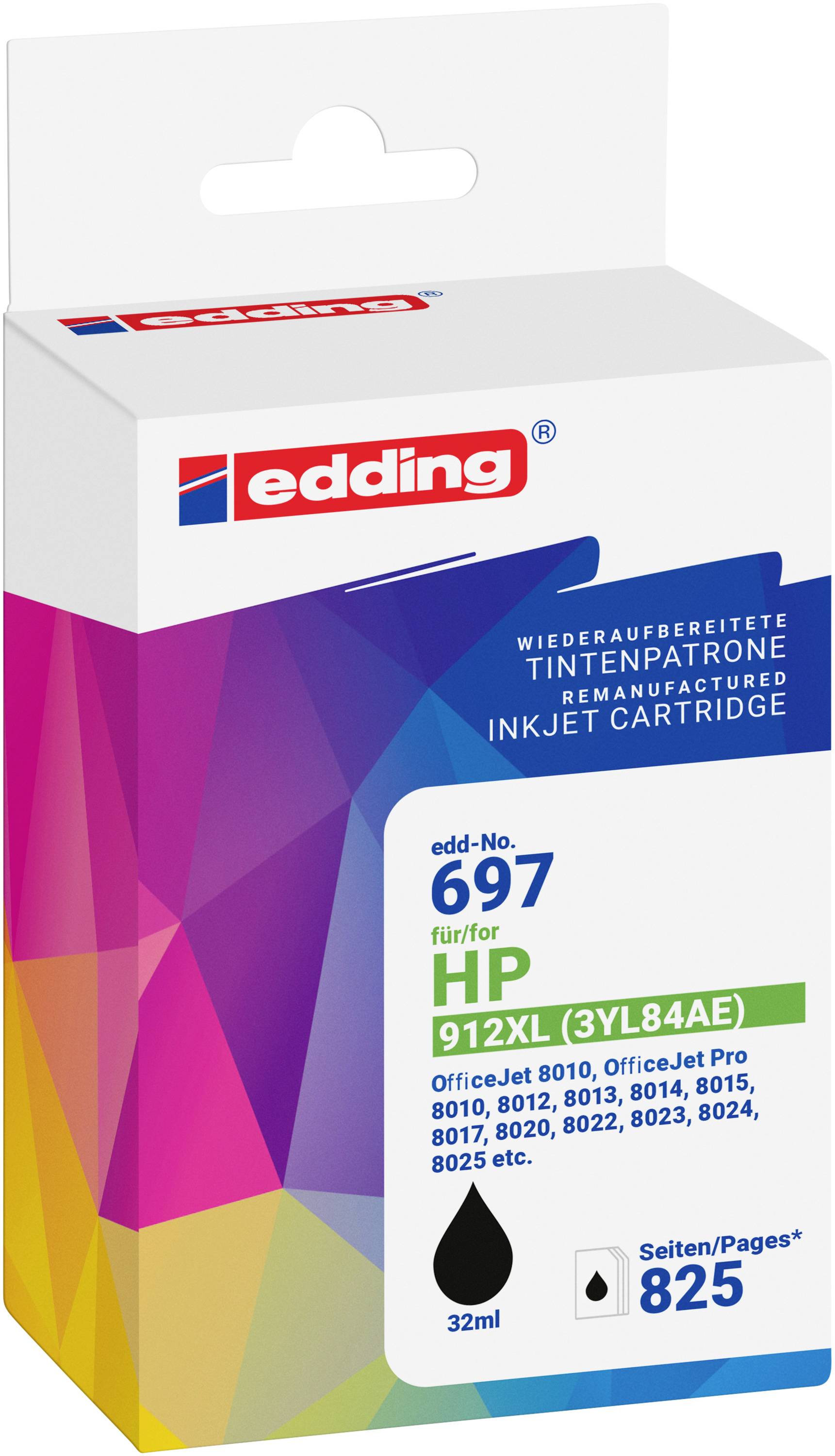 Eding inkjet cartridge box for HP 912XL, black, 32 ml, pages 825, with compatibility listed for OfficeJet Pro printers.
