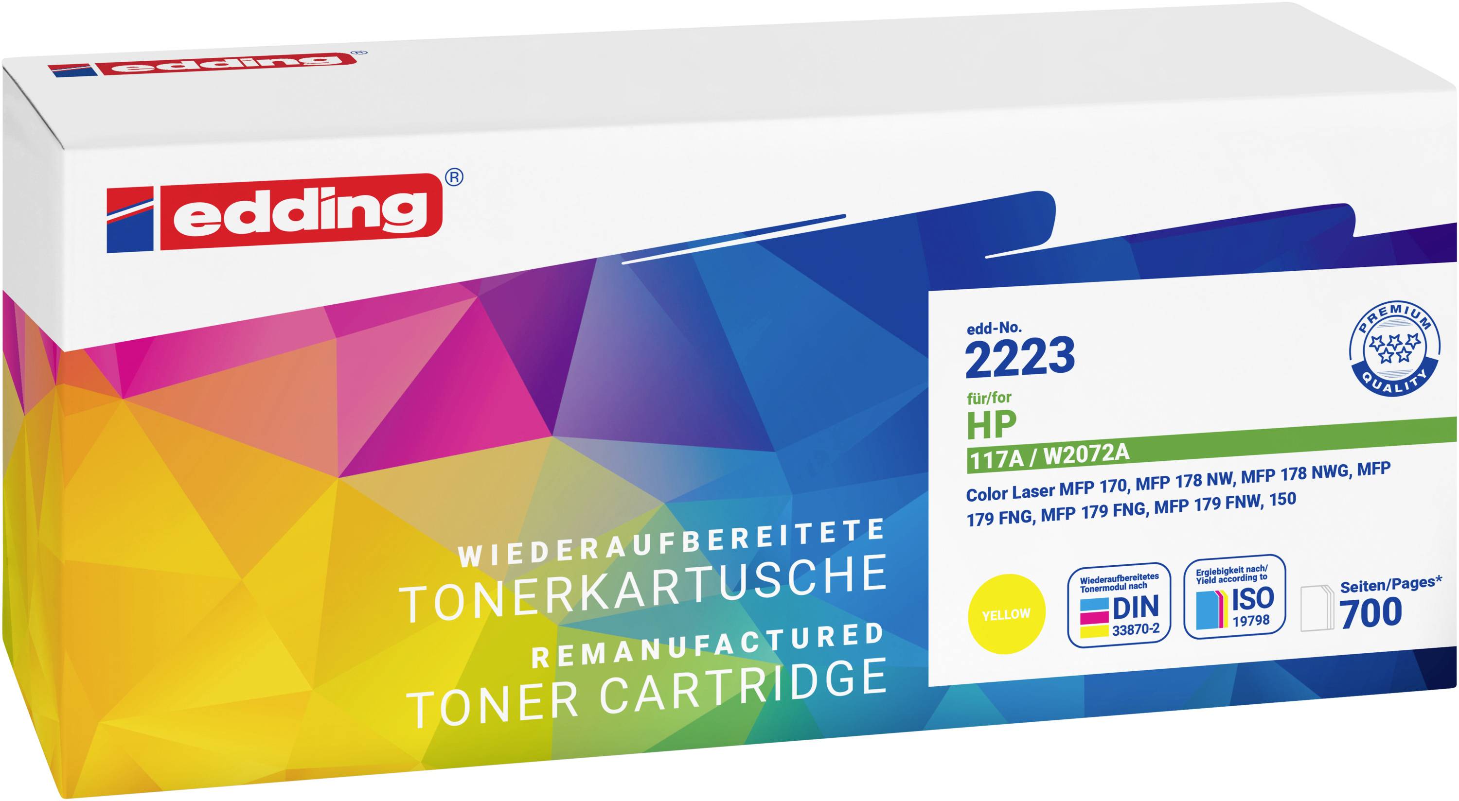 Colorful Edding toner cartridge box labeled '2223' for HP printers, showing 'remanufactured toner cartridge' and '700 pages' on the front.