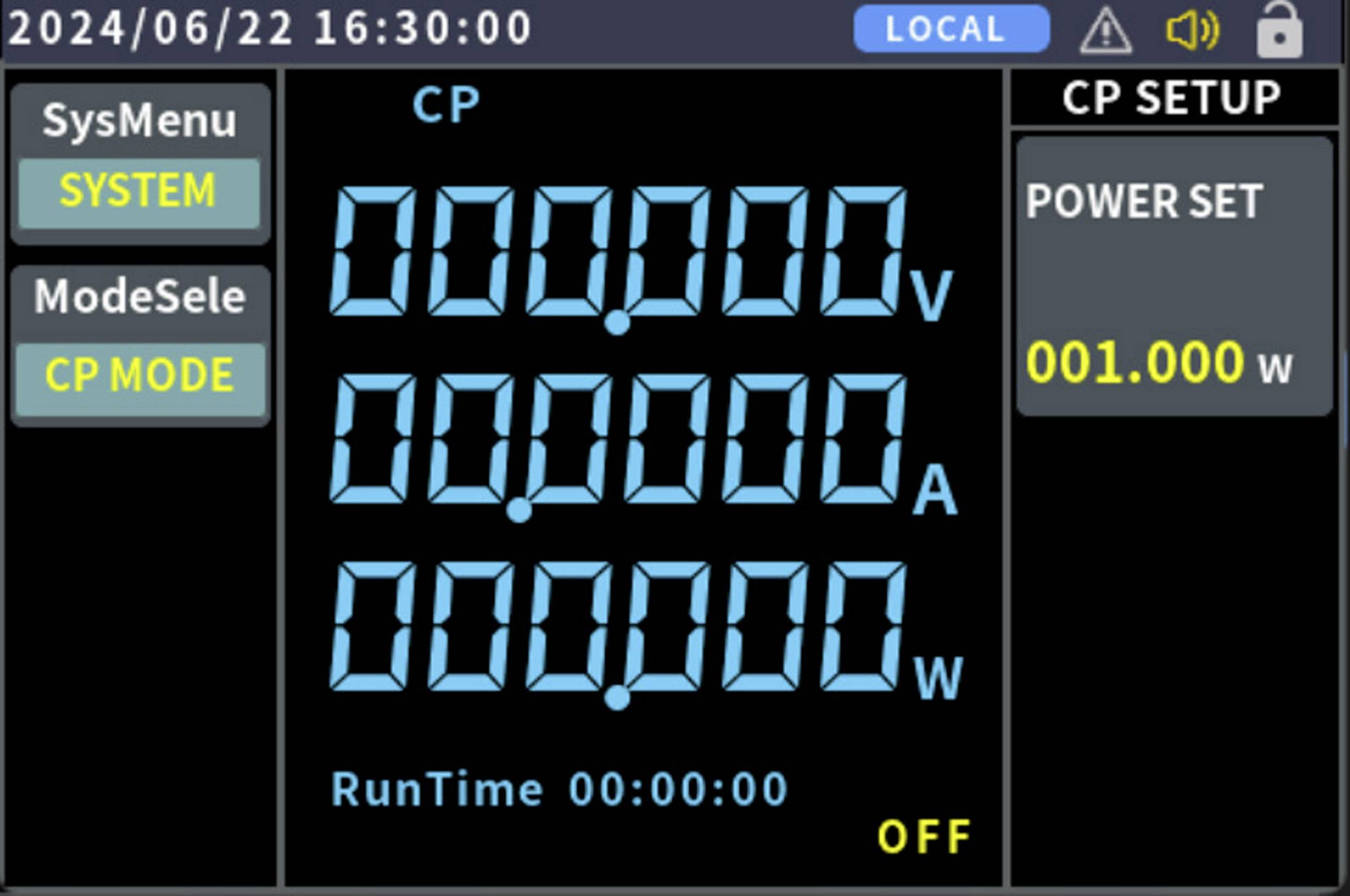 'CP MODE' screen shows date '2024/06/22', time '16:30:00'. Menu options on the left. Displays for voltage (V), current (A), power (W), all at zero. On the right 'CP SETUP', 'POWER SET' set to '001.000 W'.