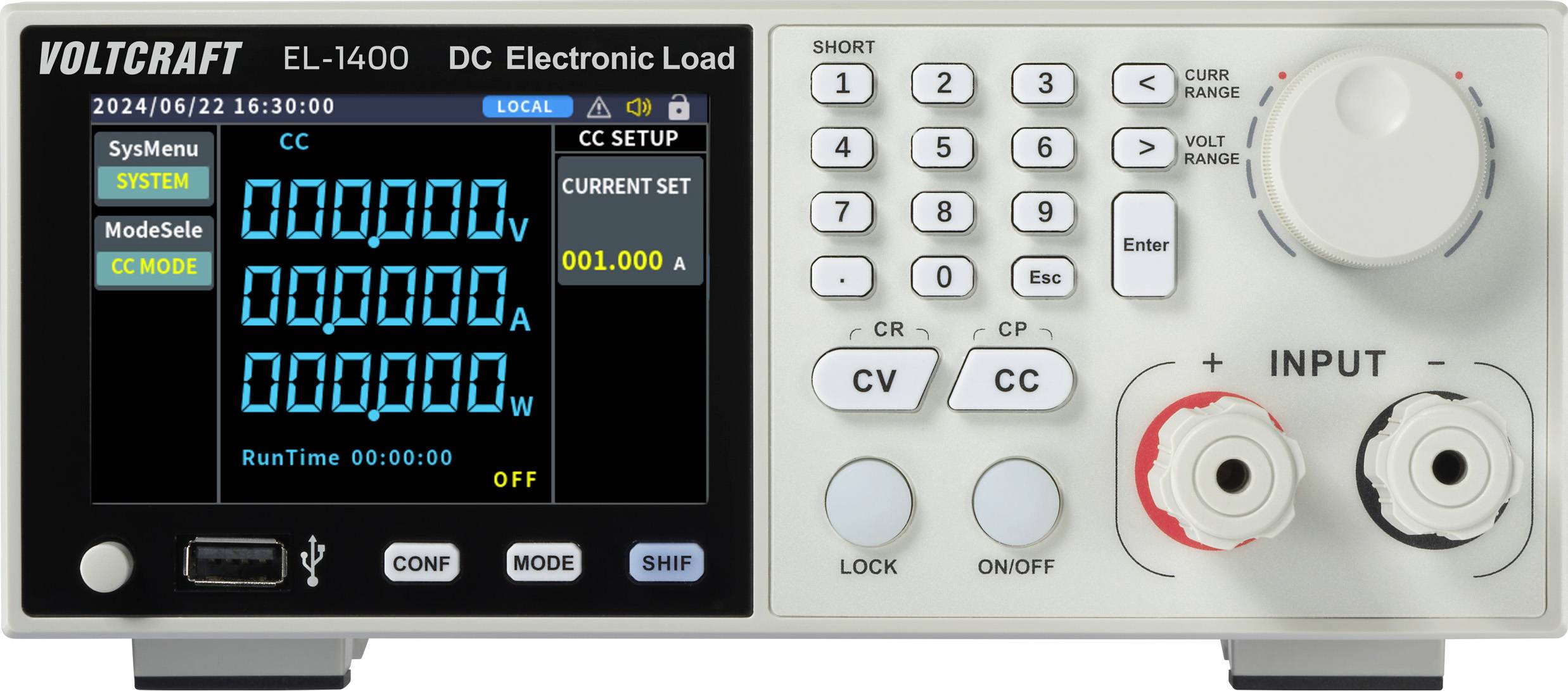 A digital electronic load device with various buttons and a display showing settings like system setup, mode selection, and current measurement.