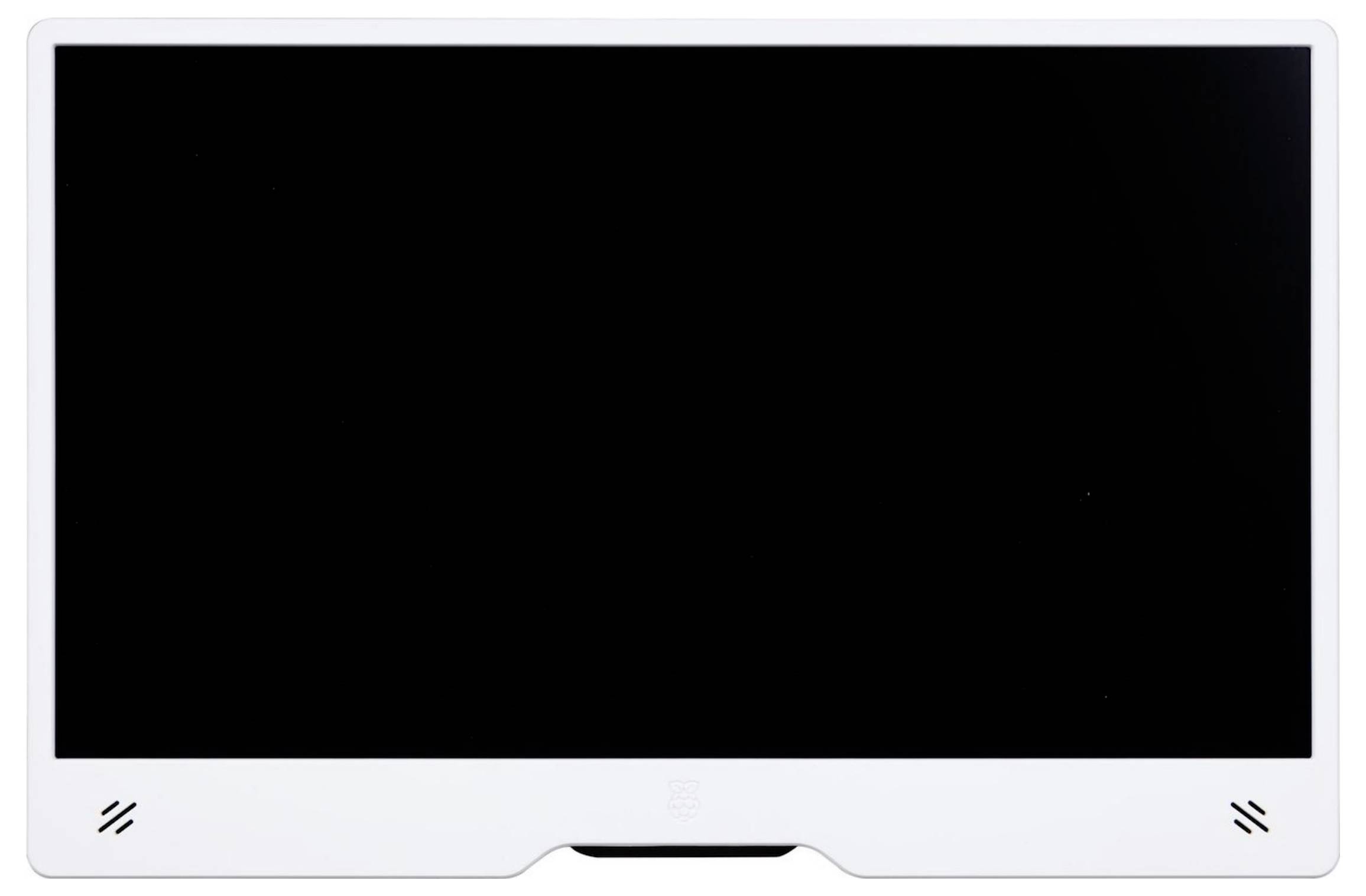 A white, rectangular screen with a black surface, without any visible content or symbols.