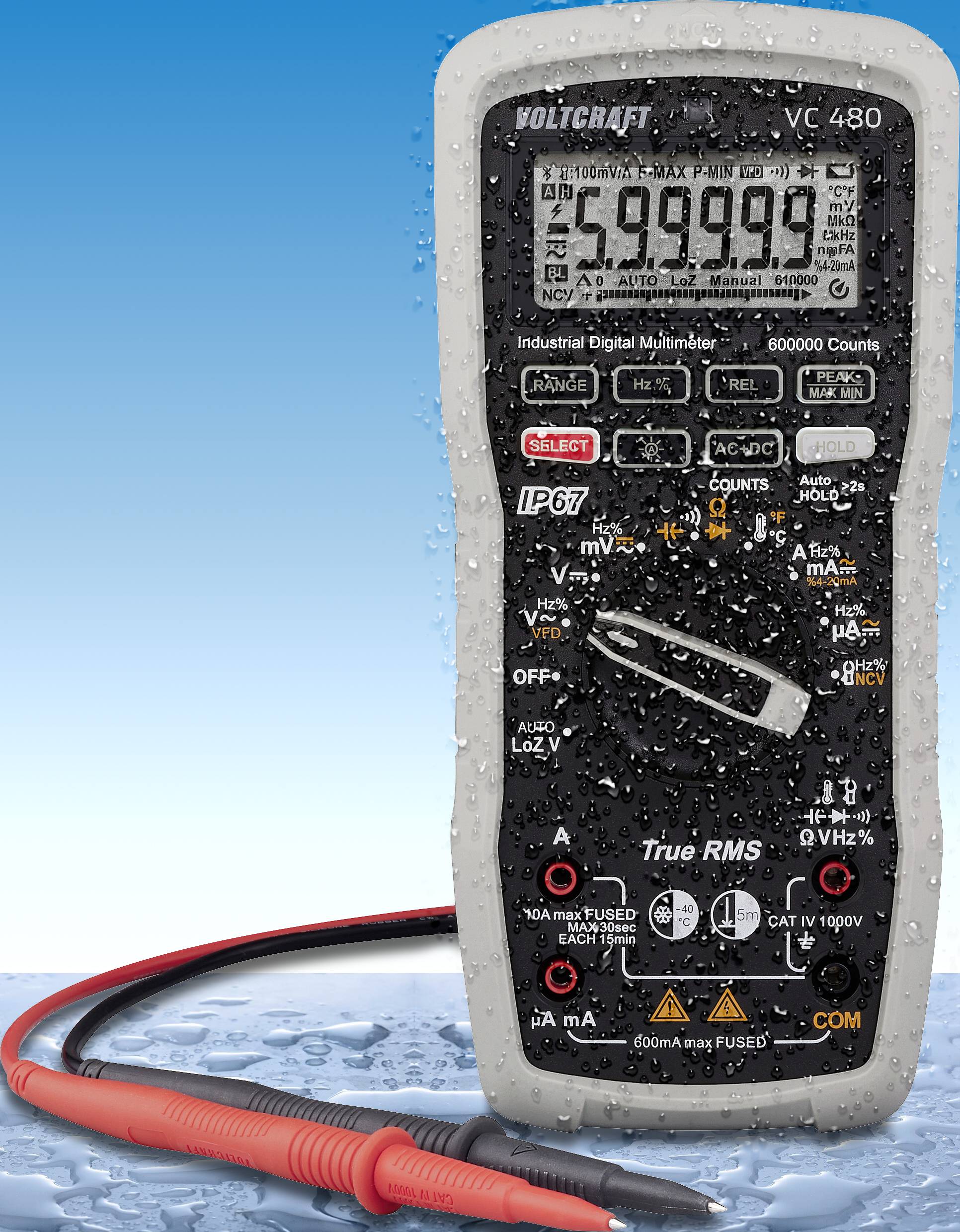 VOLTCRAFT VC 480 Handheld multimeter Digital Waterproof (IP67), LoZ CAT IV 1000 V Display (counts): 600000-10