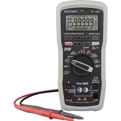 A digital multimeter with a display showing '5.9999'. It has multiple measurement settings, rotary dial, and red and black test probes.