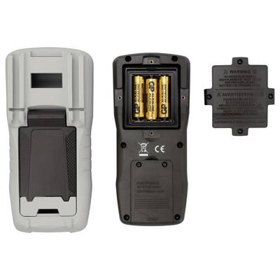 Two rear views of an electronic device with a battery compartment, open with three AA batteries. The cover is lying beside it on the right.