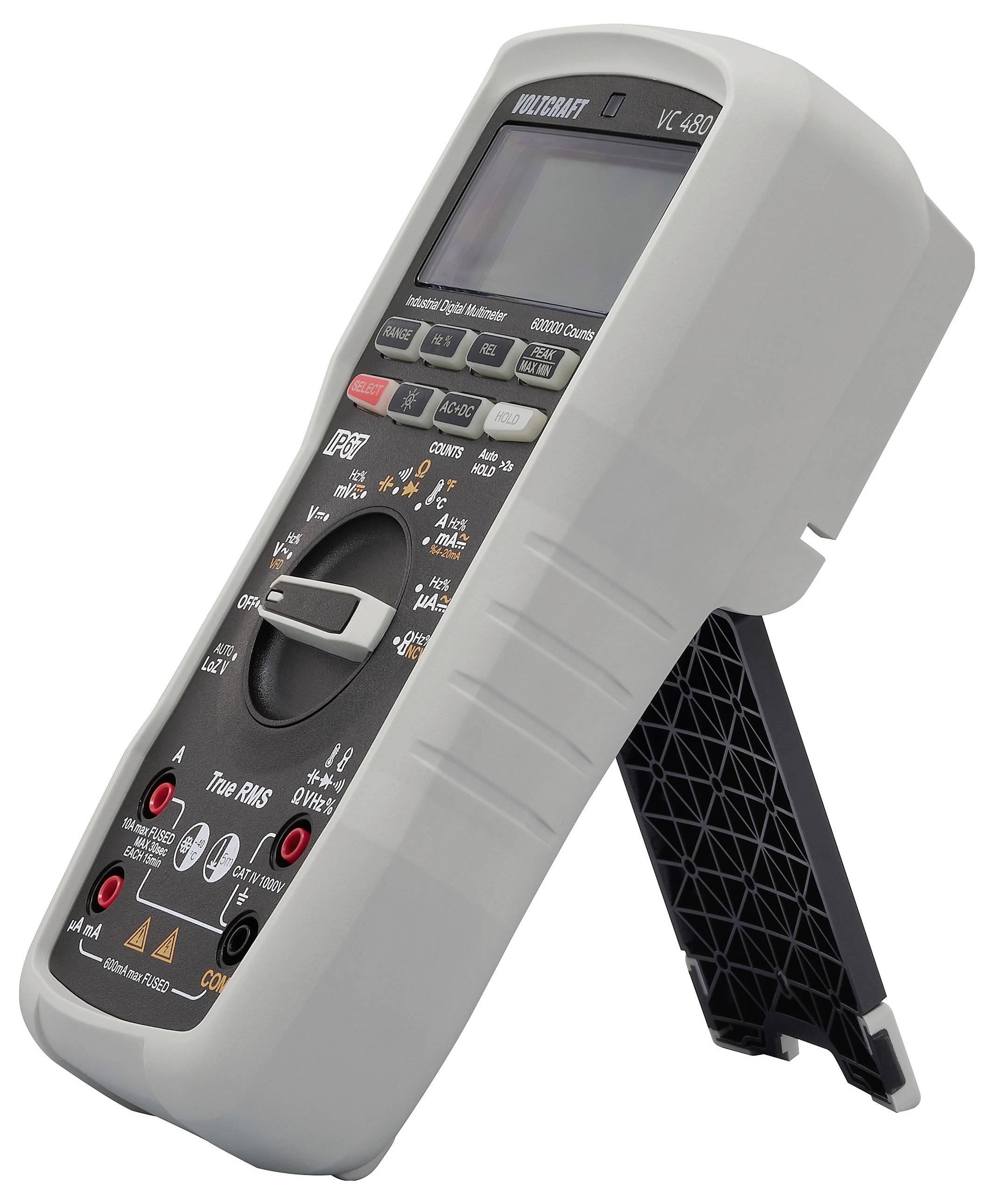 Digital multimeter with display and rotary switch, resting on a black stand. Used for measuring electrical units.