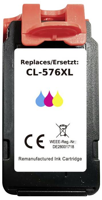 Ink cartridge labeled 'Replaces/Ersetzt: CL-576XL' with color symbols and certification logos.