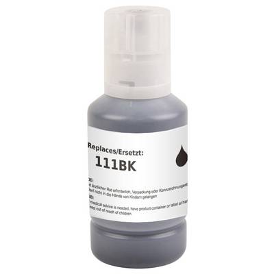 'Bottle of black ink labeled 111BK, showing usage instructions in multiple languages. Keep out of reach of children.'