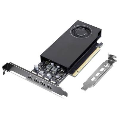 A black graphics card with a fan and four Mini DisplayPort connections. Next to the card are two additional metal mounting brackets.
