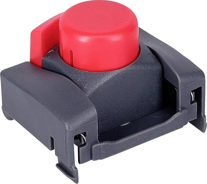 A red emergency stop button on a black base, generally used to quickly halt machinery for safety purposes.