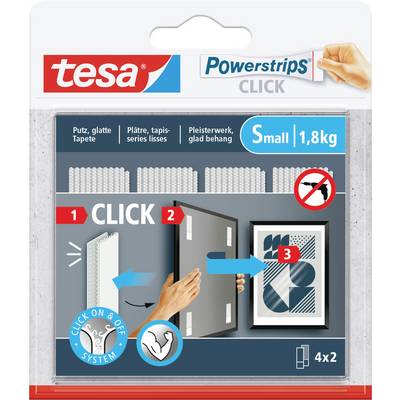 Packaging of tesa Powerstrips CLICK for smooth surfaces, Small, 1.8 kg load capacity. Illustrated instructions for use.