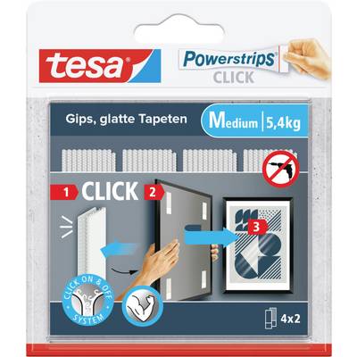 'Packaging with tesa Powerstrips CLICK' shows attachment mechanism for plasterboard and smooth wallpapers. Weight capacity: 5.4 kg, Medium size.