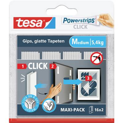 Packaging for tesa Powerstrips Click for plasterboard and smooth wallpaper. Contains maxi-pack with click mechanism, suitable for 5.4 kg.