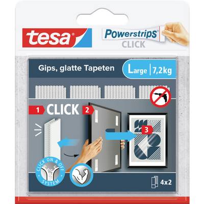 'Packaging of tesa Powerstrips CLICK, Large size, for smooth surfaces up to 7.2 kg. Instructions: 1. Attach strip, 2. Press hook, 3. Hang object.'