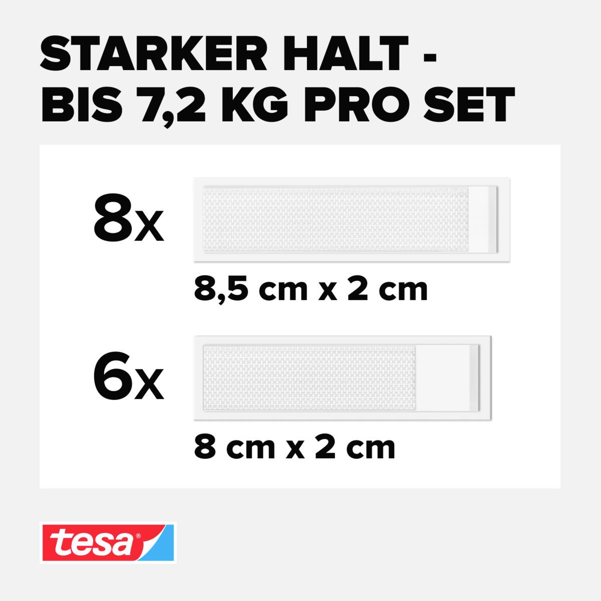 'Tesa' advertising for adhesive strips: 8 pieces (8.5 cm x 2 cm) and 6 pieces (8 cm x 2 cm) with a load-bearing capacity of up to 7.2 kg per set.