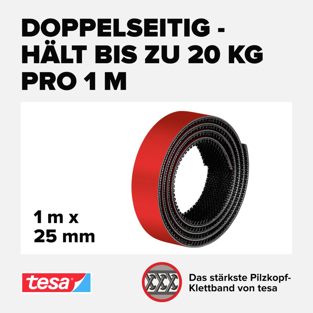 'Double-sided - supports up to 20 kg per 1 m'; Image of a strong, red mushroom-head hook and loop tape measuring 1 m x 25 mm. tesa logos.