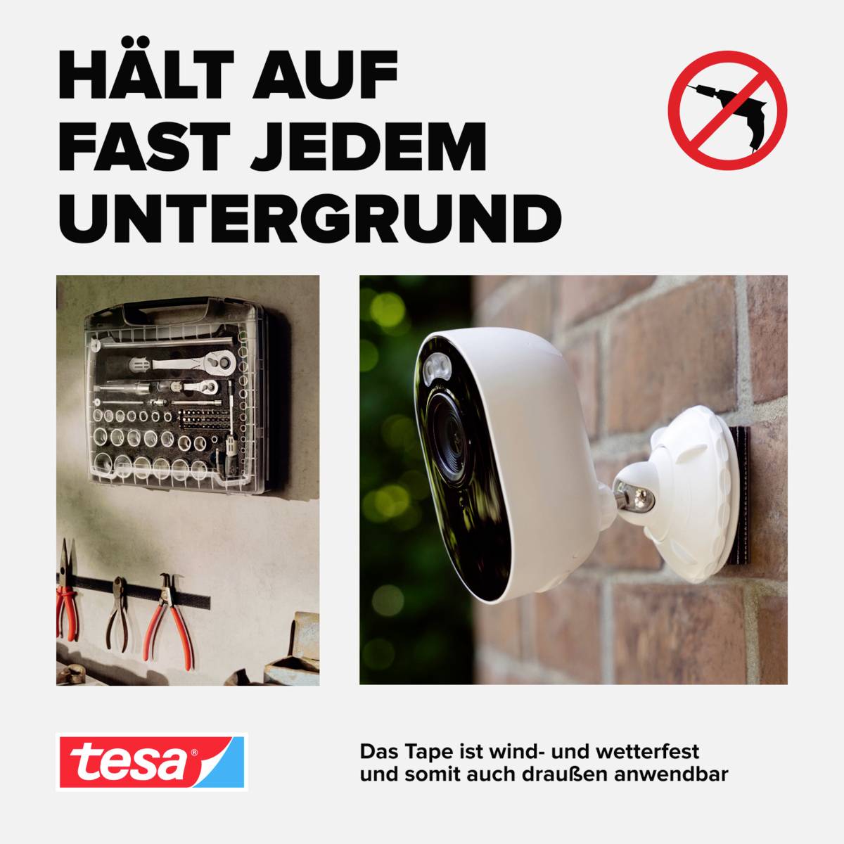 An advertising image with the text 'Holds on almost any surface'. Shows a security camera on a wall, a tool set, and a Tesa logo.