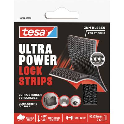 Packaging for Tesa Ultra Power Lock Strips with Hook and Loop Fastening. Holds up to 4 kg, weather-resistant and temperature-proof, 50x25 mm.