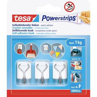 Packaging of Tesa Powerstrips with self-adhesive hooks, holds up to 1 kg, easy to apply and remove, including 4 hooks.