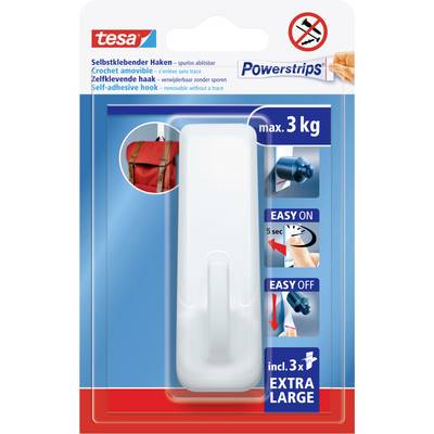 'Self-adhesive hook, max. 3 kg load capacity, simple installation in 5 seconds, including 3 extra-strong adhesive strips.'