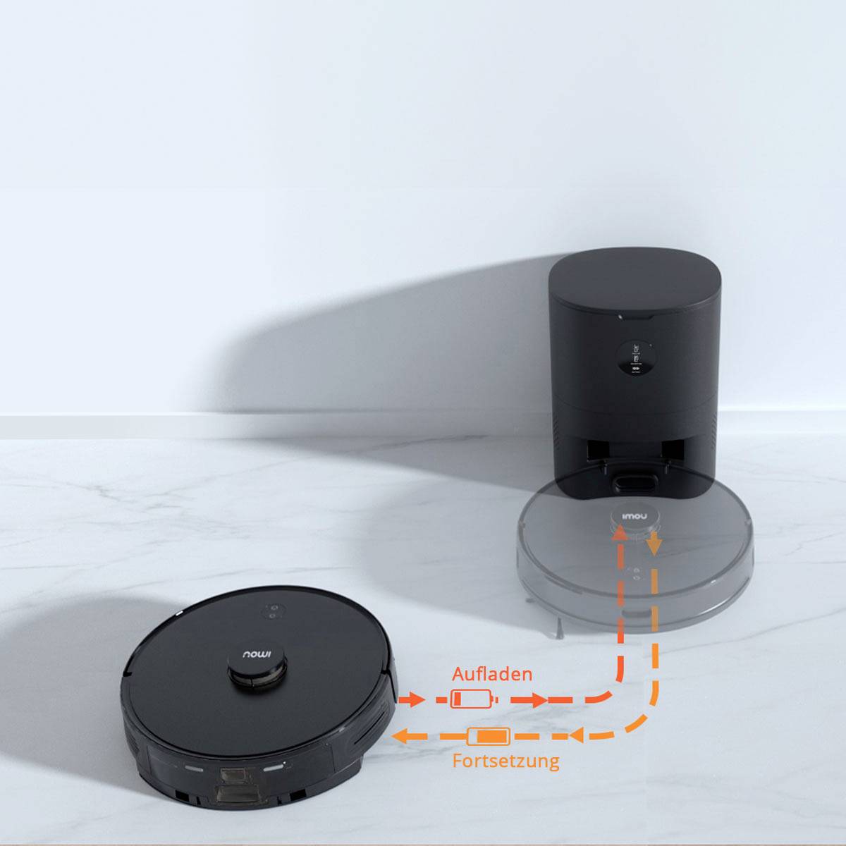 A round robotic vacuum cleaner drives to its charging station. On the floor are arrows labelled 'Charging' and 'Continue'.