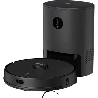 A round, black robot vacuum with a matching charging station. In the background, the station displays charging and operational status.