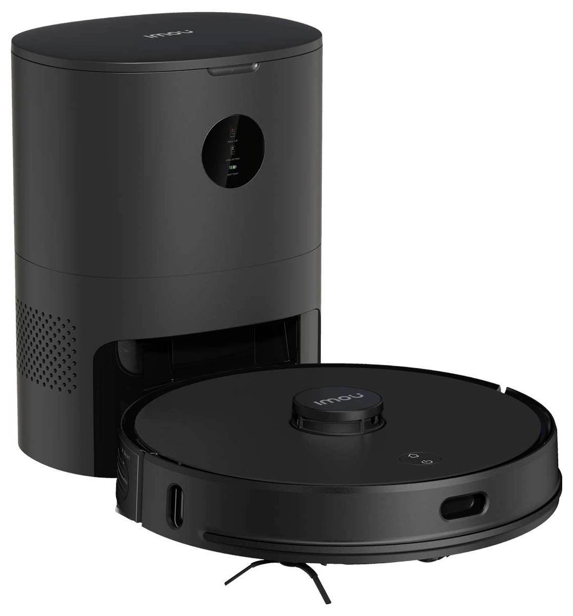 A black robotic vacuum cleaner with charging dock. The robot has a circular design and the station features a viewing window for the dust container.