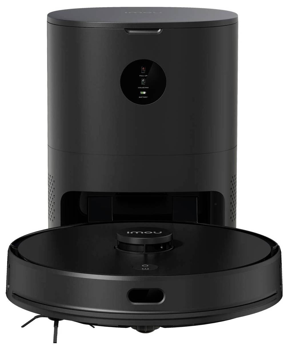 A black robotic vacuum cleaner in front of a charging station with an upright design. 'imou' is written on the robot, with a digital display at the top.