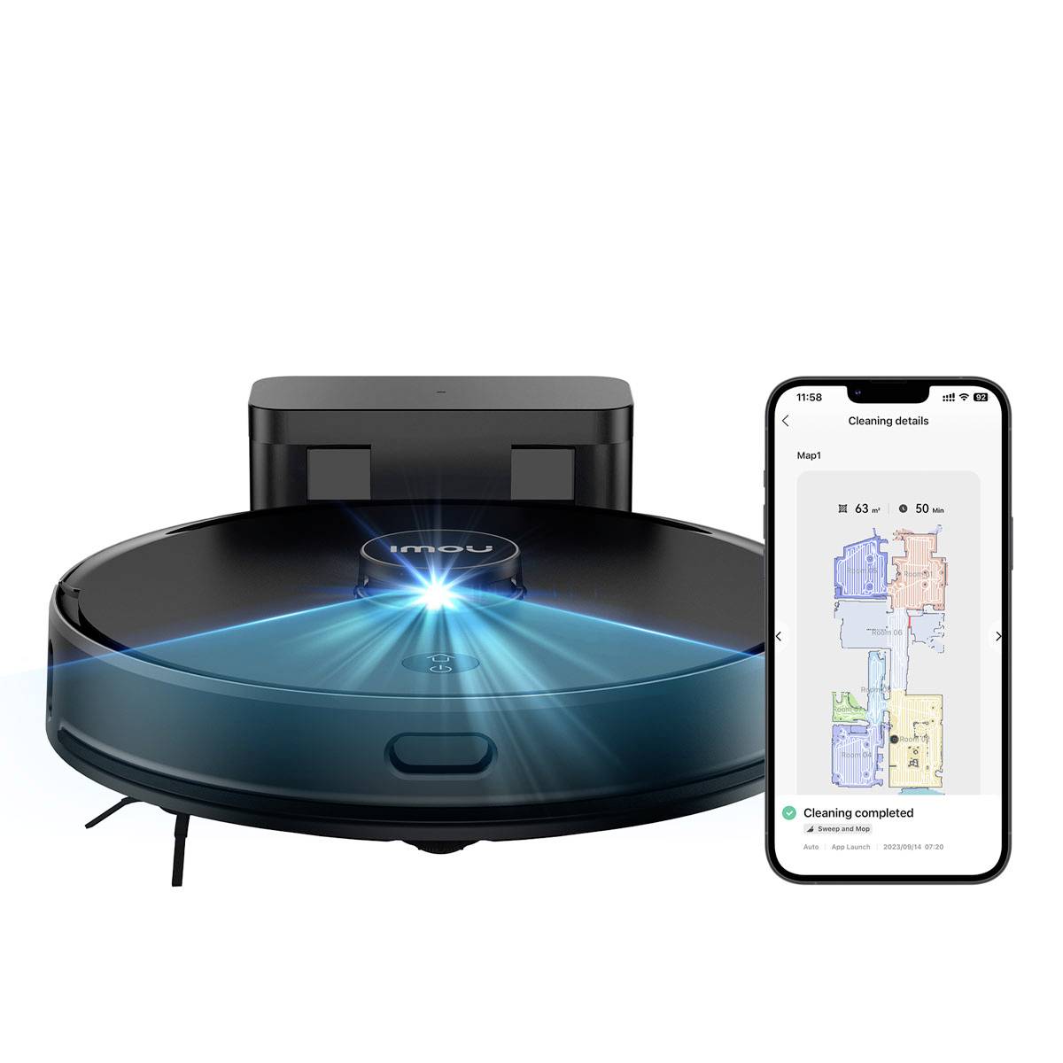 A robot vacuum cleaner next to a smartphone displaying a cleaning app. The app visualises cleaned areas in different colours.