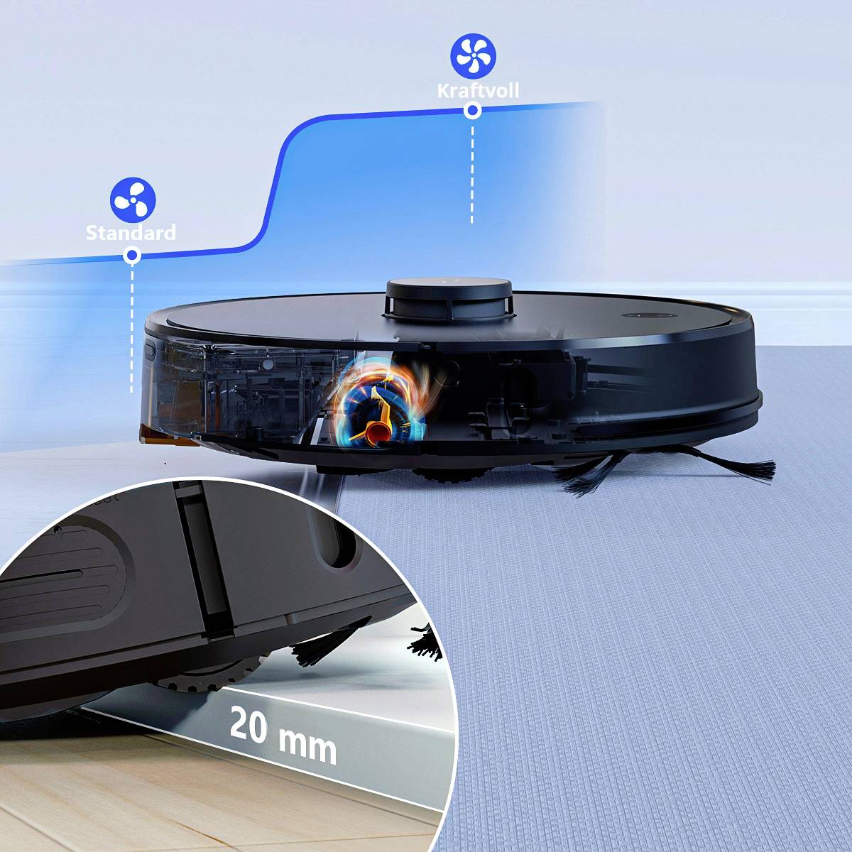 A robot vacuum cleaner overcomes obstacles up to 20 mm. Labelled with 'Standard' and 'Powerful', it shows performance options.