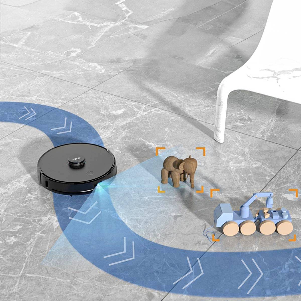 A robotic vacuum cleaner navigates around obstacles on a floor. In the foreground, toy animals and a toy car can be seen.