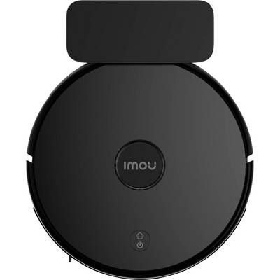 A round, black robotic vacuum cleaner with the 'IMOU' inscription in the centre. A rectangular sensor or lid is visible on the top.