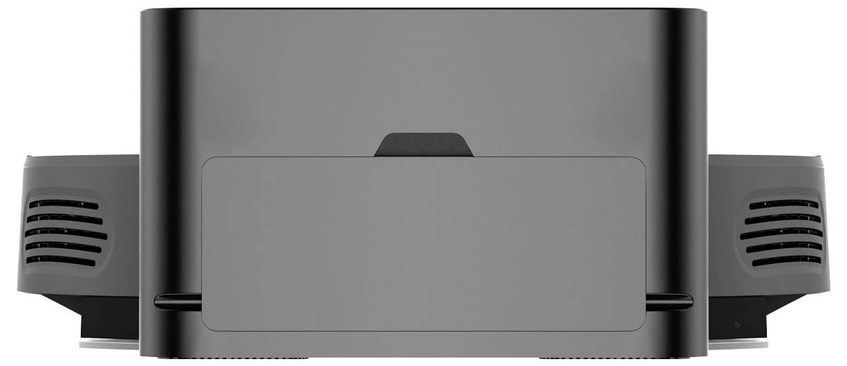 Black, rectangular electronic device with ventilation slots on the sides; front view shows smooth surface.