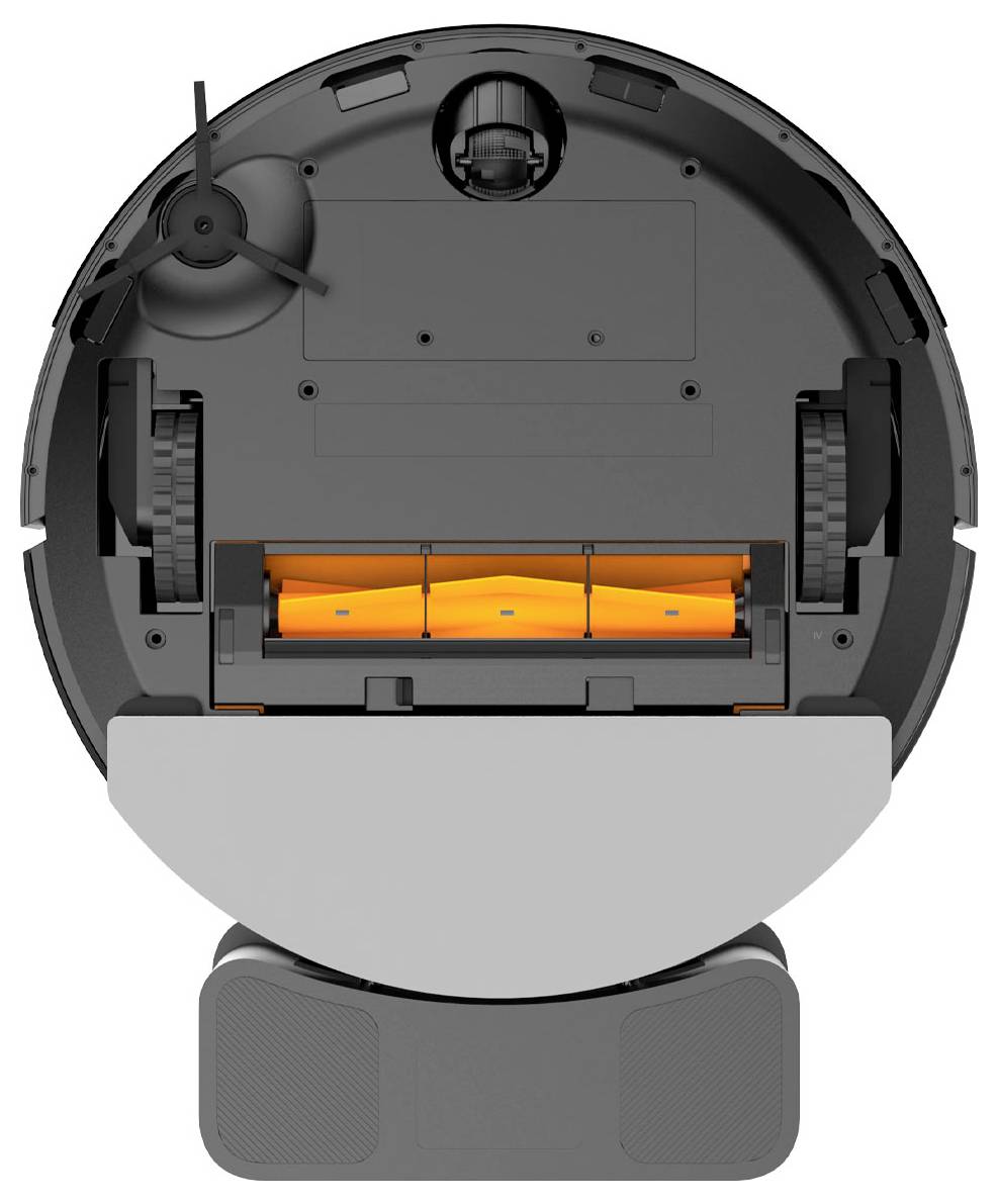 Underneath view of a circular robotic vacuum cleaner with a rotating brush element in the centre.