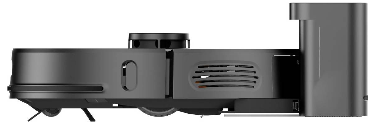 A black robotic vacuum cleaner shown from the side, with an integrated dust container and sensors for precise cleaning.