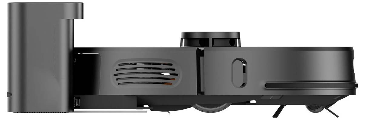 Side view of a black projector with ventilation slots on the right and a lens located centrally at the top.
