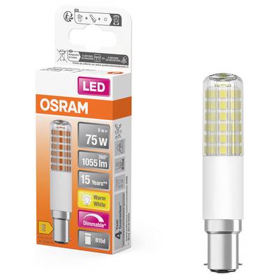 'Osram LED Lamp, 8W, replaces 75W, 1055 lumens, warm white, dimmable, 15-year lifespan, B15d fitting.'