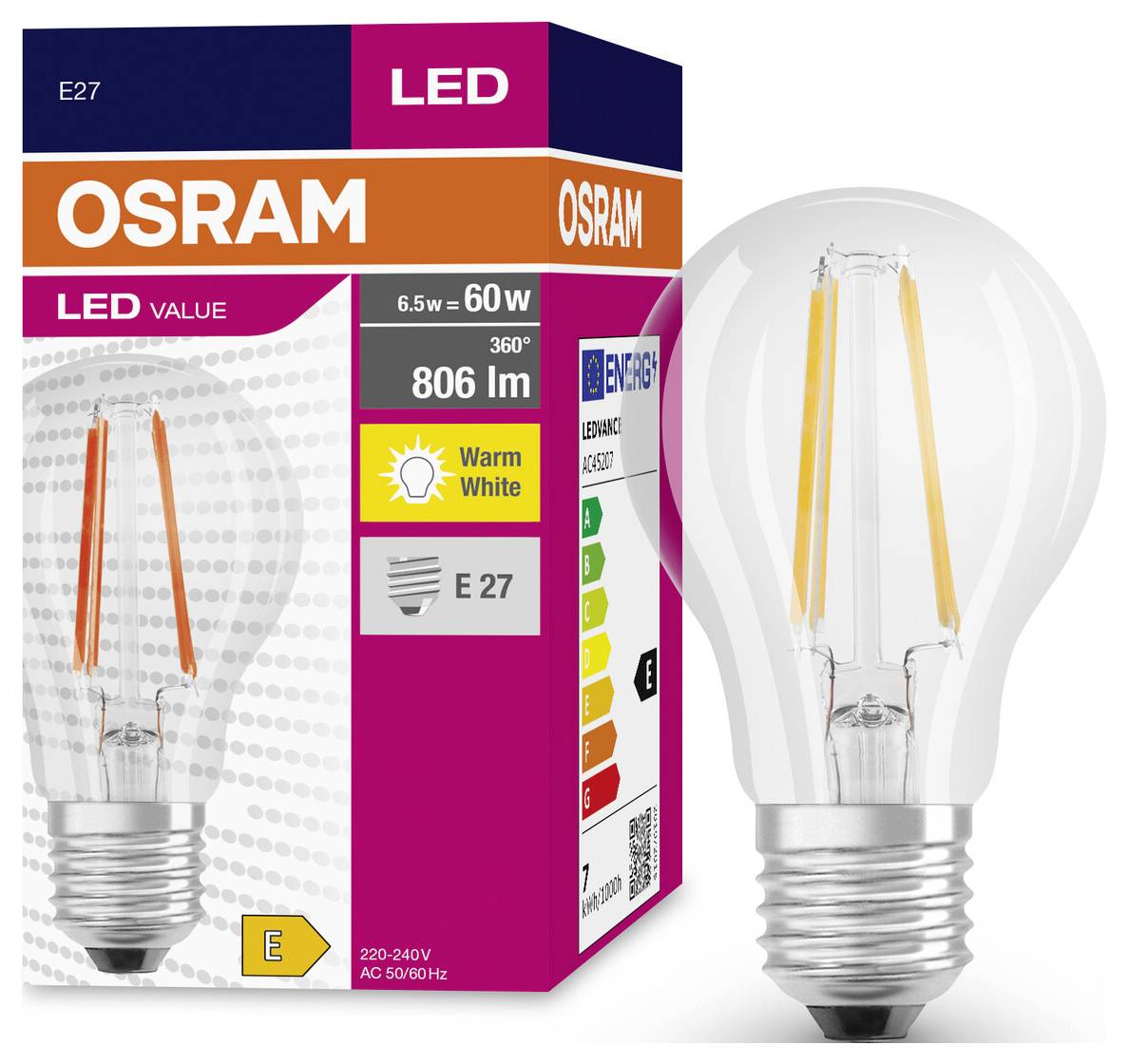 OSRAM LED light bulb and packaging, E27, 6.5W=60W, 806 lumens, warm white, Energy Class E, dimmable, 220-240V.