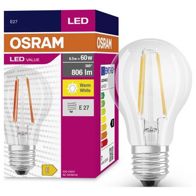 OSRAM LED light bulb and packaging, E27, 6.5W=60W, 806 lumens, warm white, Energy Class E, dimmable, 220-240V.