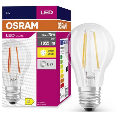 'Osram LED light bulb, 7.5 W (equivalent to 75 W), 1055 lumens, warm white, Energy Class D, E27 base, 360° beam angle.'