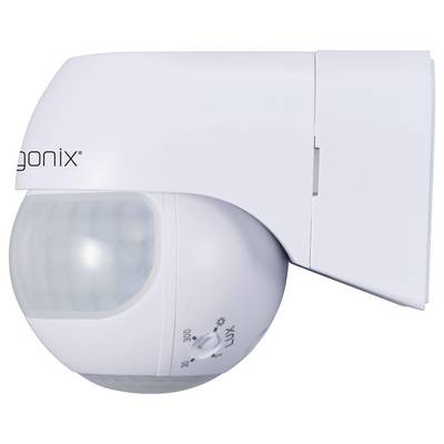 A white motion sensor with a spherical sensor mounted on a wall bracket.