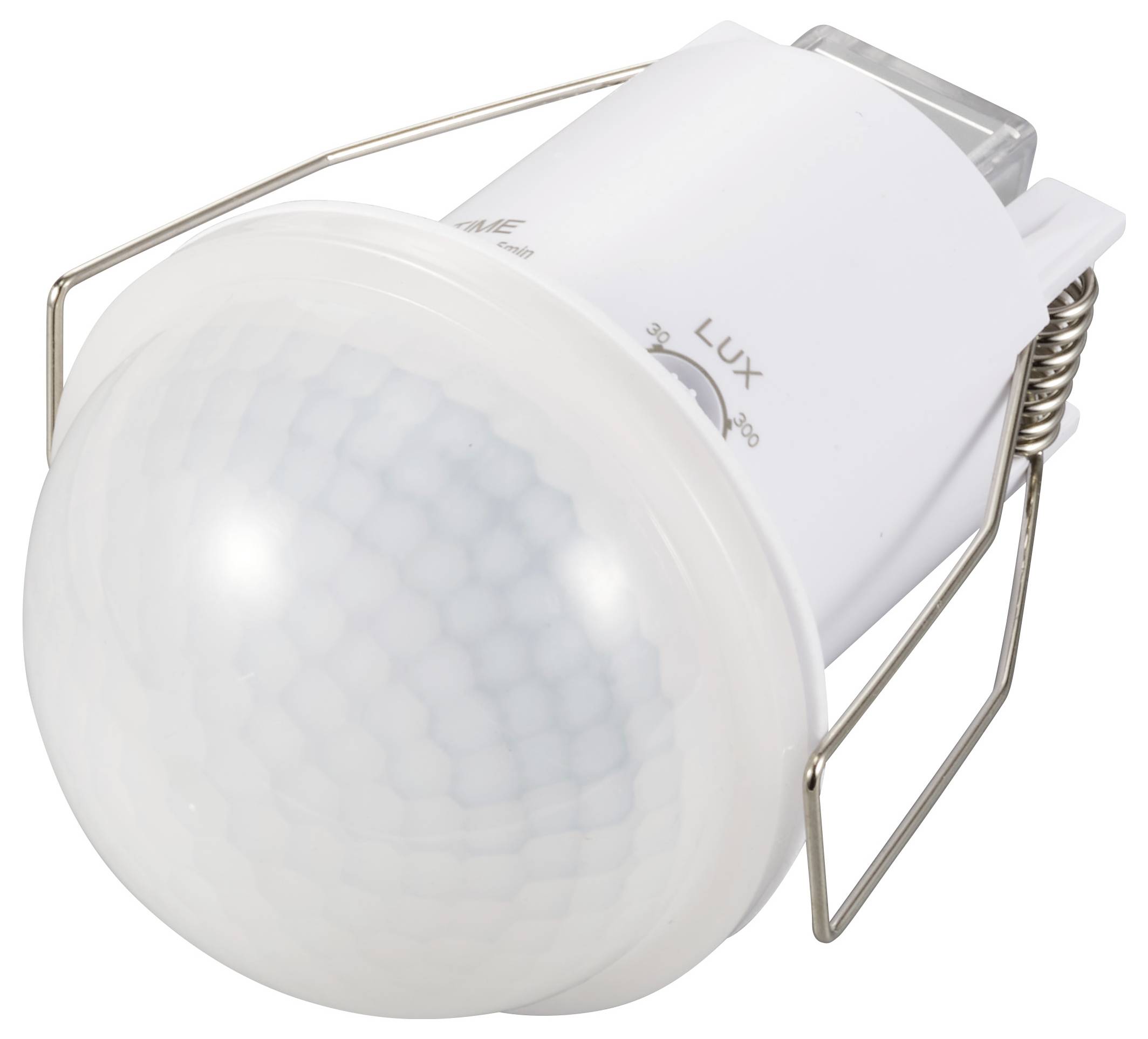 A white motion sensor with metal brackets for mounting, suitable for detecting movement to enable automatic light control.