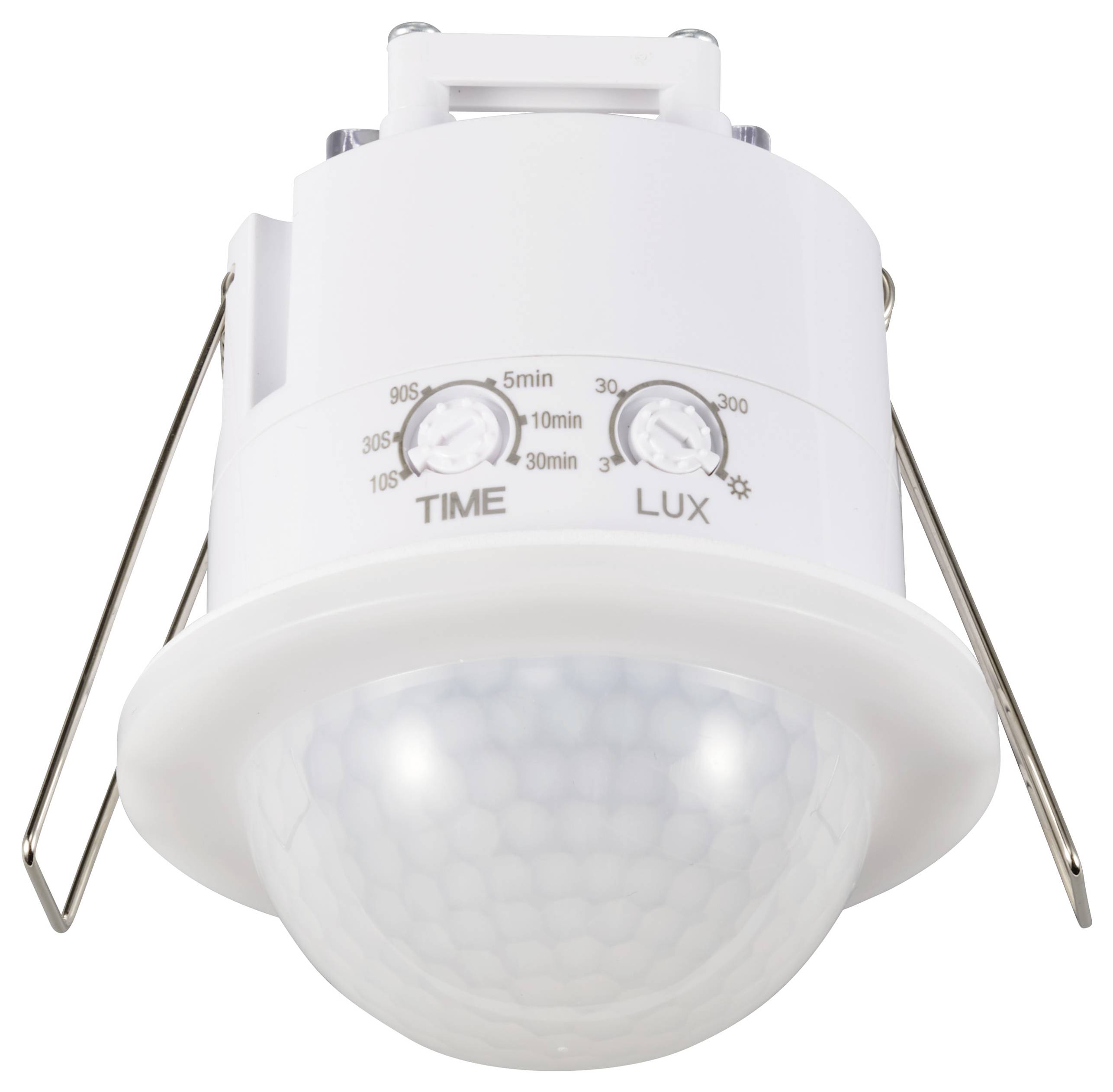 White motion sensor with time and light settings on the front.