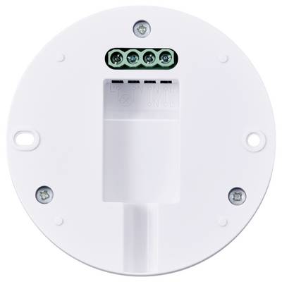 Back of a round, white electronic device with four screws and five green terminal connectors positioned in the centre at the top.