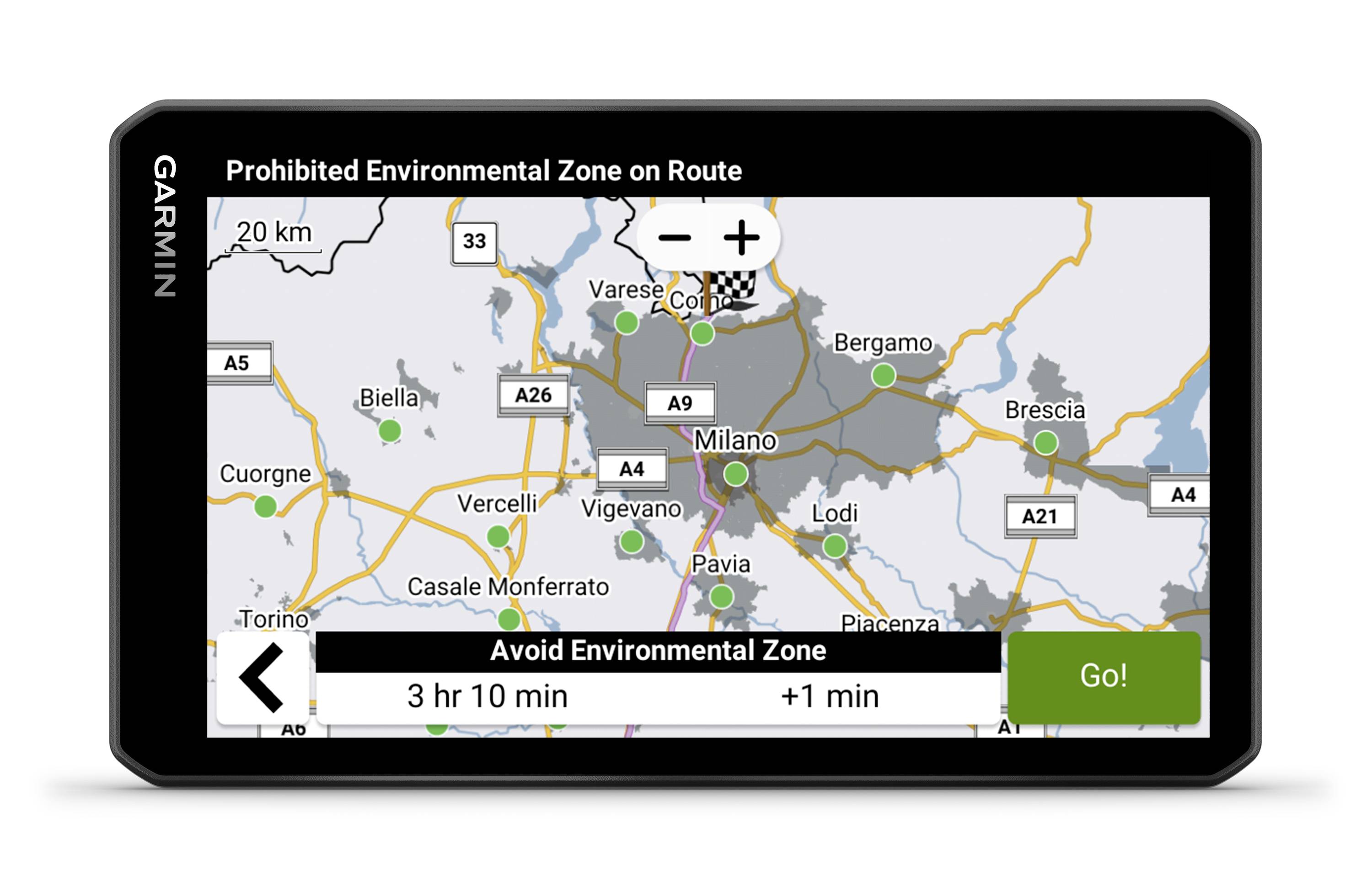 Garmin navigation device shows a map with environmental zones around Milan. Route guidance with indication to avoid environmental zones.