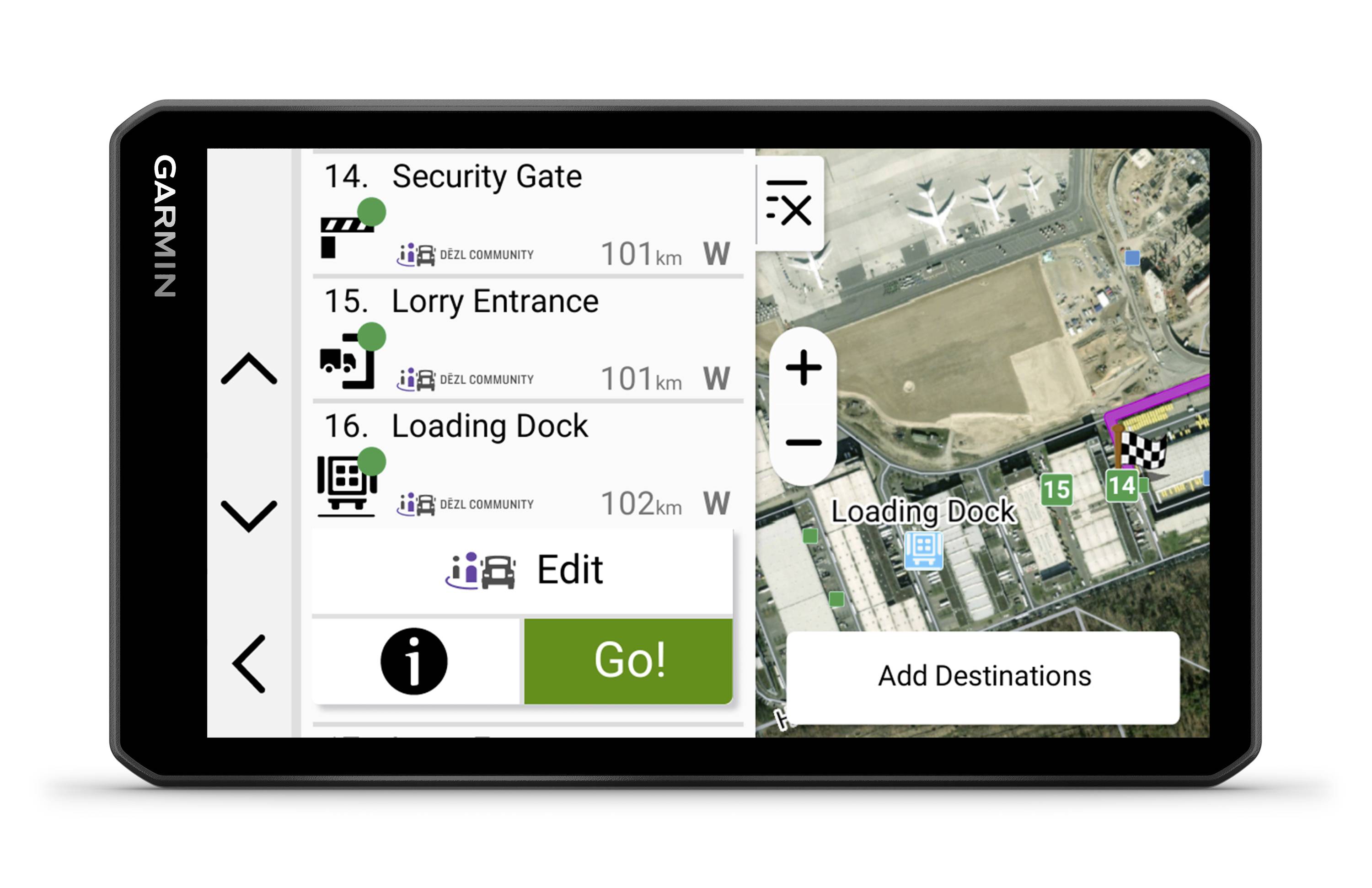 GPS navigation device with a map of an industrial estate. Destinations: 'Security Gate', 'Lorry Entrance', 'Loading Dock'. 'Go!' button activates.